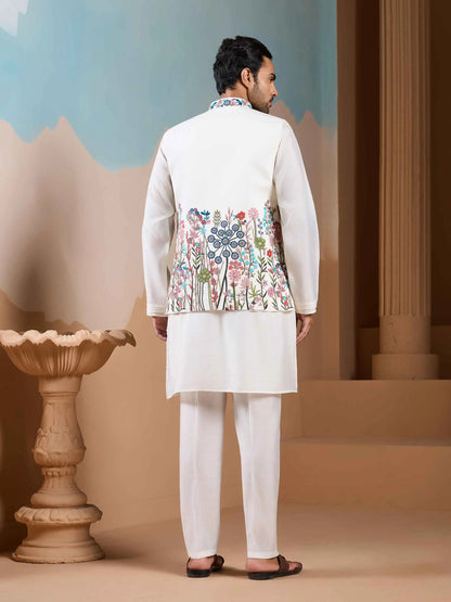 White Kurta Set With Embroidery Sequins Jacket