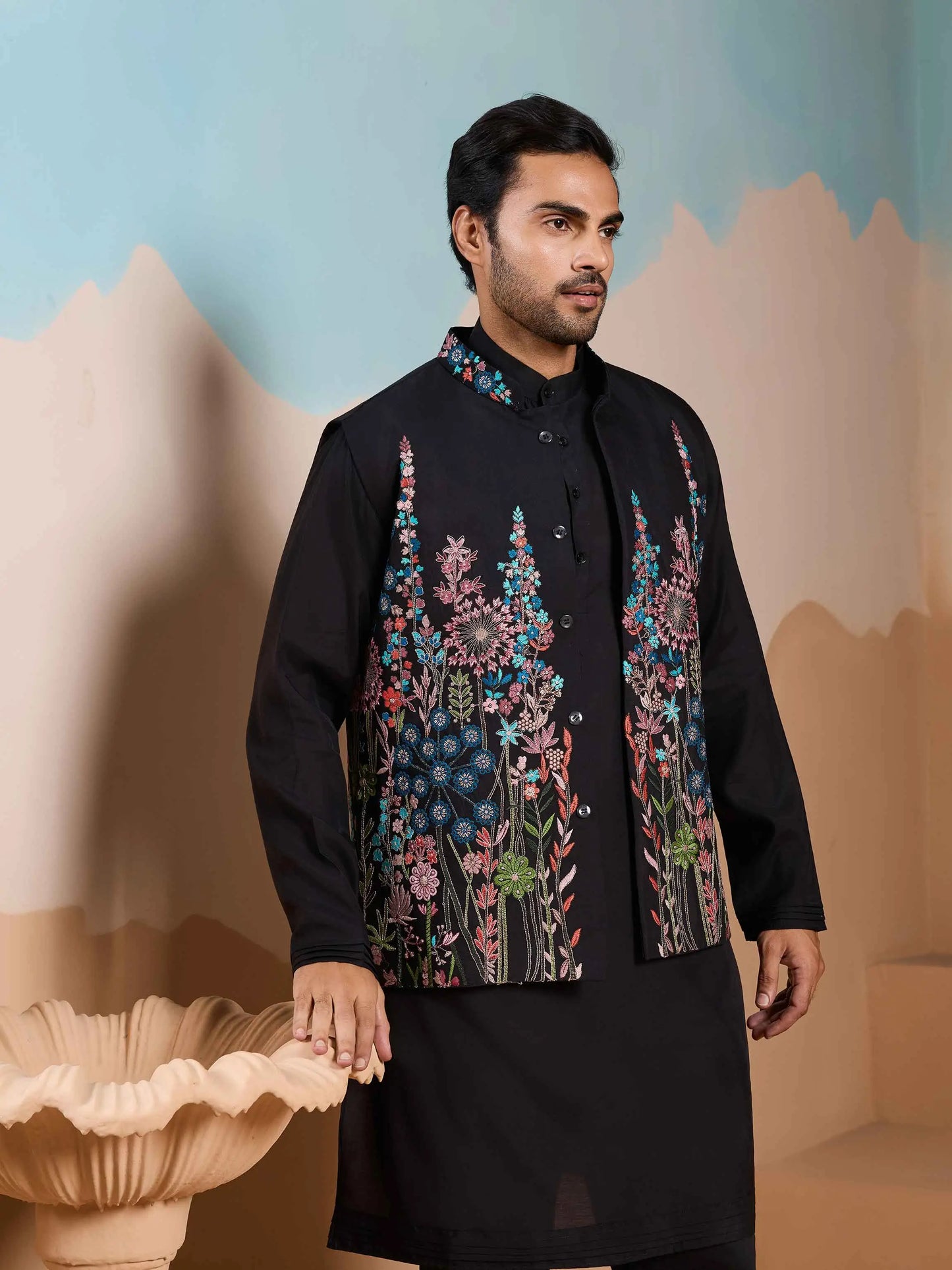 Black Kurta Set With Embroidery Sequins Jacket