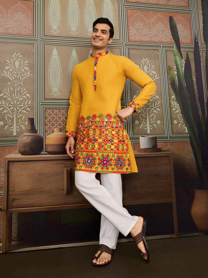 Yellow Multi Thread And Real Mirror Work Kurta Set For Navratri