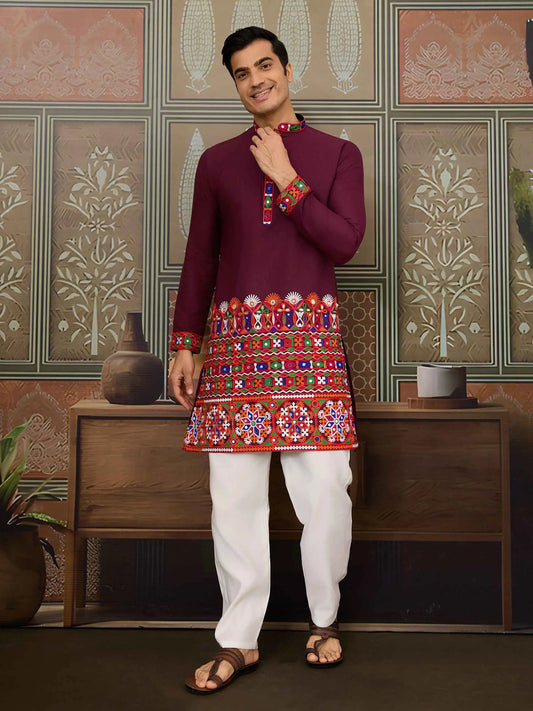 Wine Multi Thread And Real Mirror Work Kurta Set For Navratri