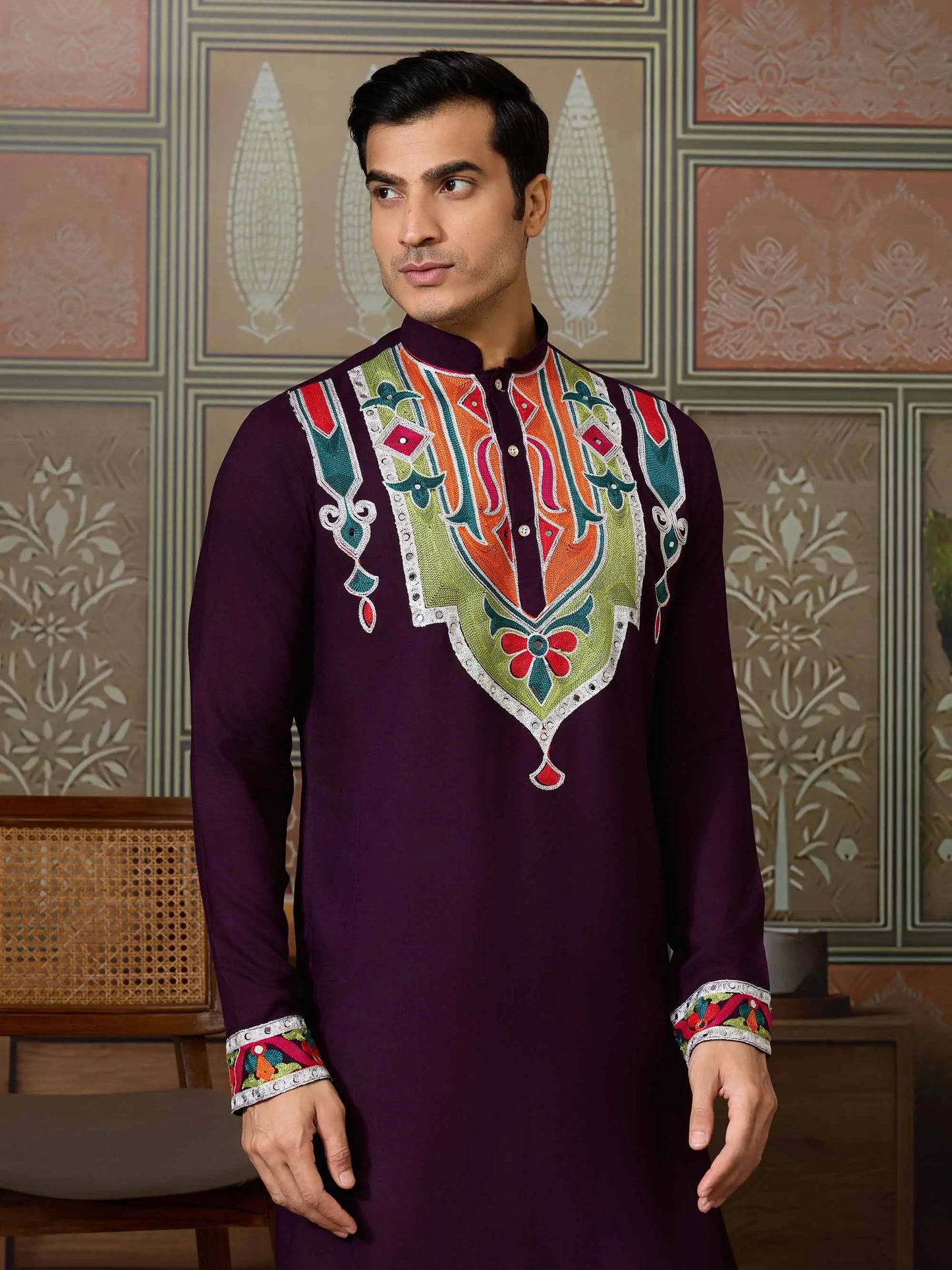 Purple Navratri Kurta Set Multi Thread And Real Mirror Work