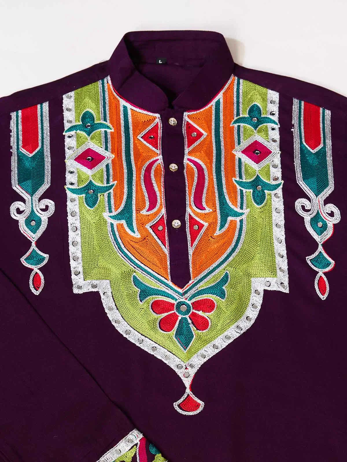 Purple Navratri Kurta Set Multi Thread And Real Mirror Work