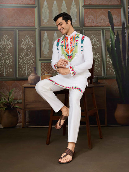 White Navratri Kurta Set Multi Thread And Real Mirror Work