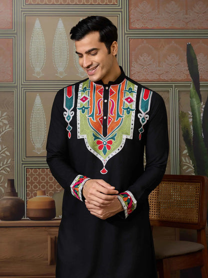 Black Navratri Kurta Set Multi Thread And Real Mirror Work