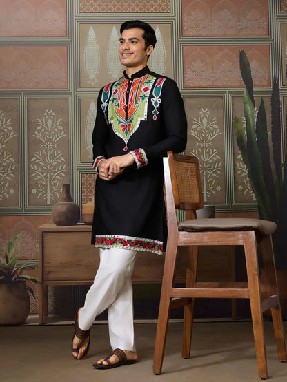 Black Navratri Kurta Set Multi Thread And Real Mirror Work