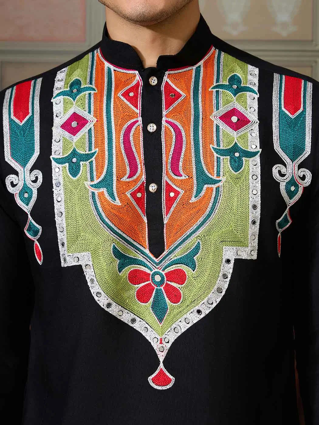 Black Navratri Kurta Set Multi Thread And Real Mirror Work