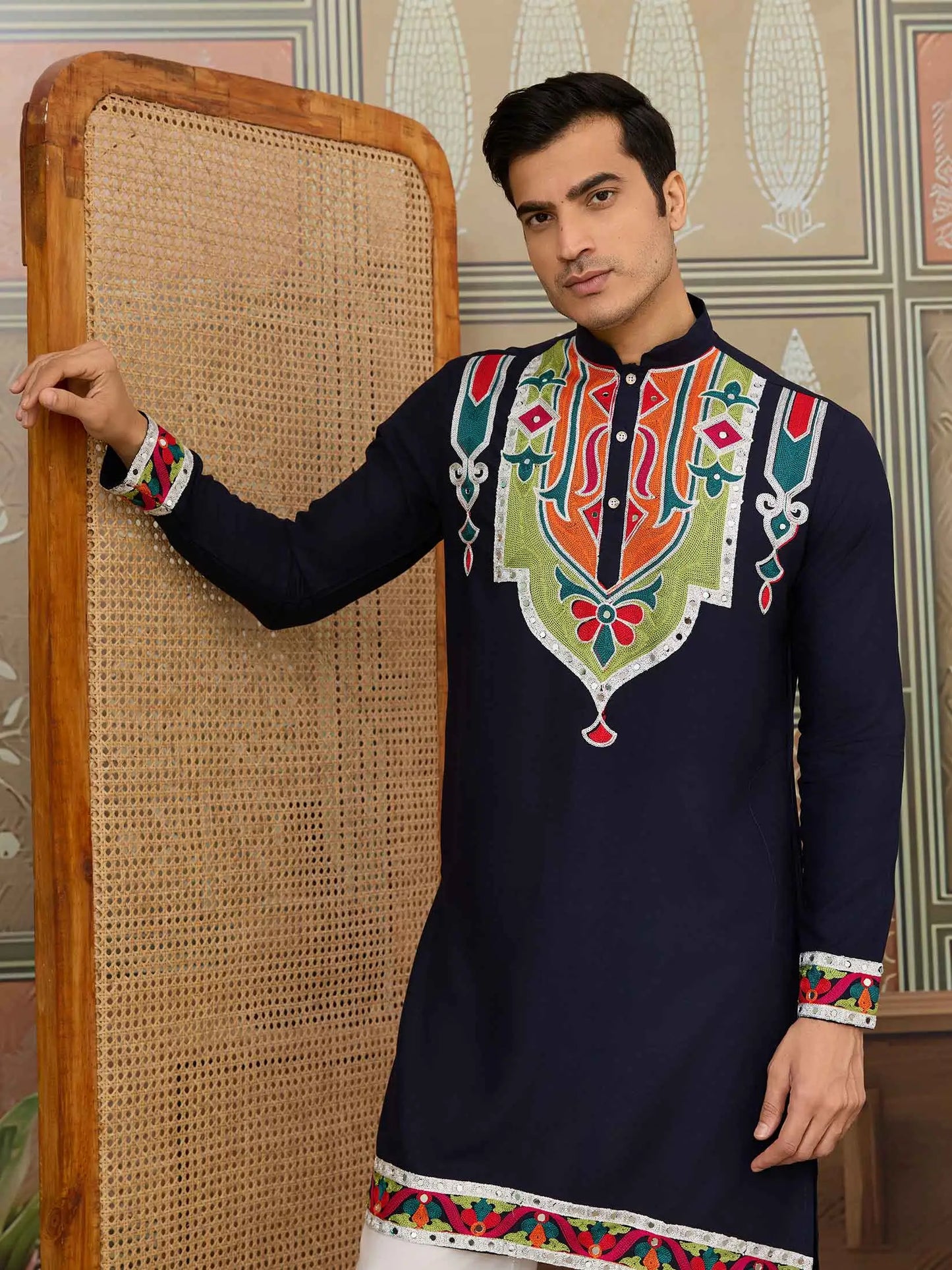Navy Blue Navratri Kurta Set Multi Thread And Real Mirror Work
