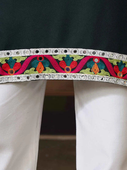 Dark Green Navratri Kurta Set Multi Thread And Real Mirror Work