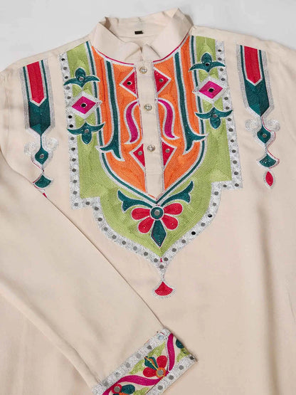 Cream Navratri Kurta Set Multi Thread And Real Mirror Work