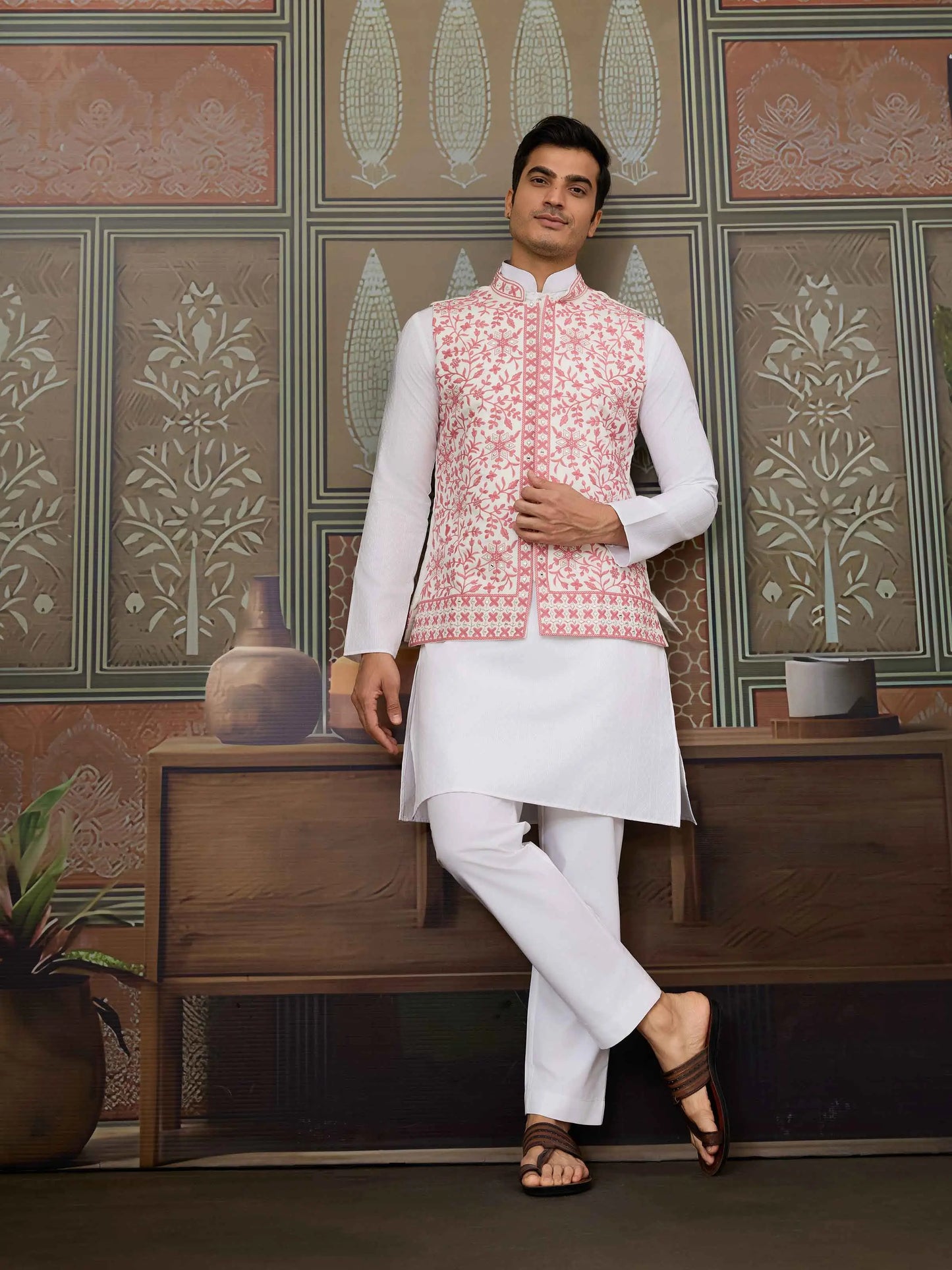 Peach Silk Kurta Set With Embroidery & Mirror Work Koti