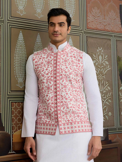 Peach Silk Kurta Set With Embroidery & Mirror Work Koti