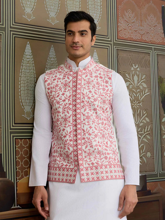 Peach Silk Kurta Set With Embroidery & Mirror Work Koti