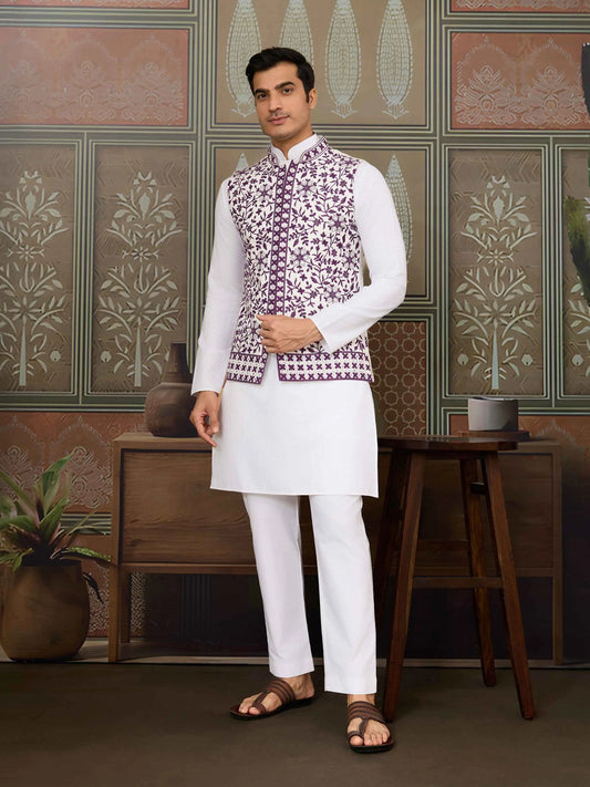 Purple Silk Kurta Set With Embroidery & Mirror Work Koti