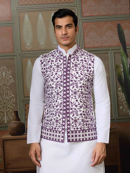 Purple Silk Kurta Set With Embroidery & Mirror Work Koti