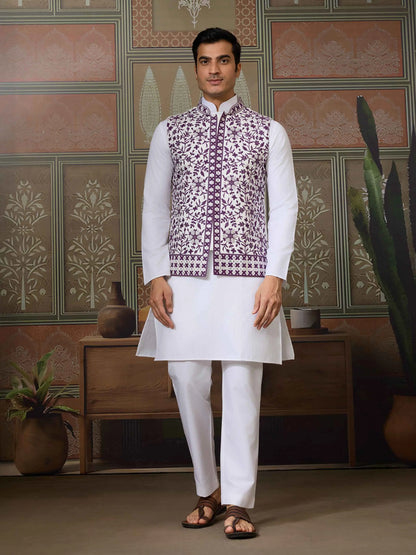 Purple Silk Kurta Set With Embroidery & Mirror Work Koti