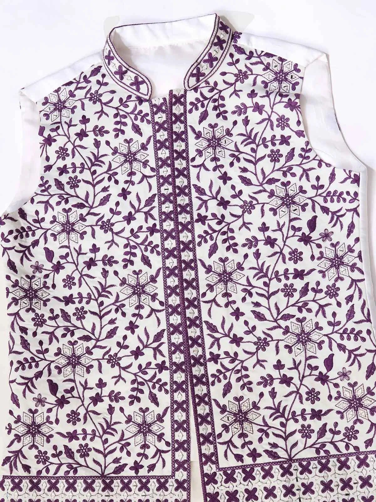 Purple Silk Kurta Set With Embroidery & Mirror Work Koti