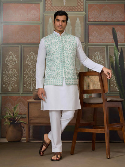 Green Silk Kurta Set With Embroidery & Mirror Work Koti