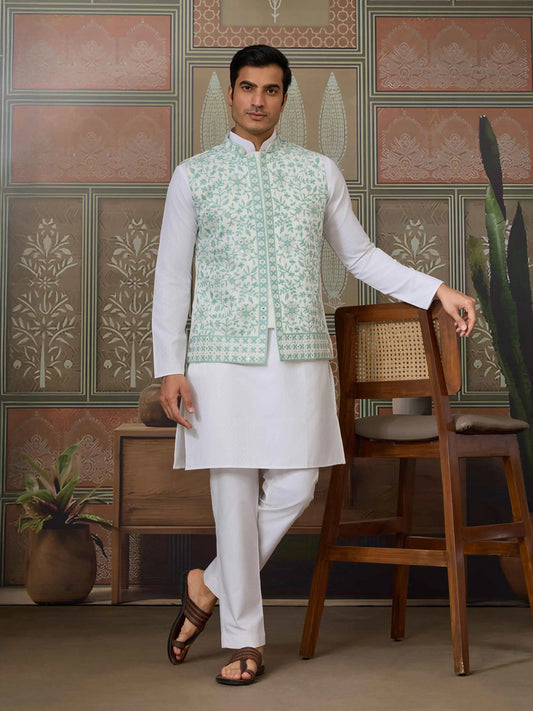 Green Silk Kurta Set With Embroidery & Mirror Work Koti