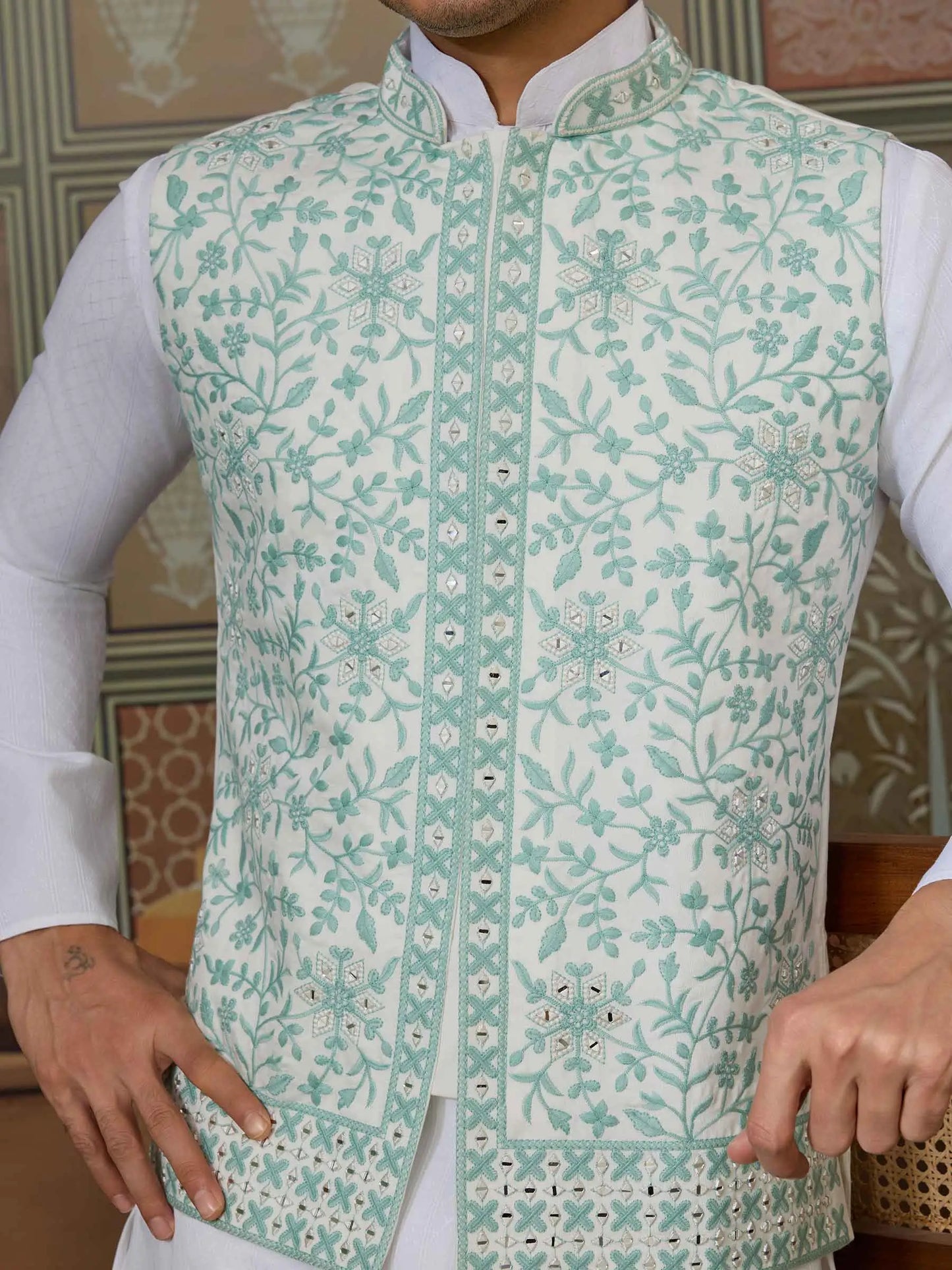 Green Silk Kurta Set With Embroidery & Mirror Work Koti