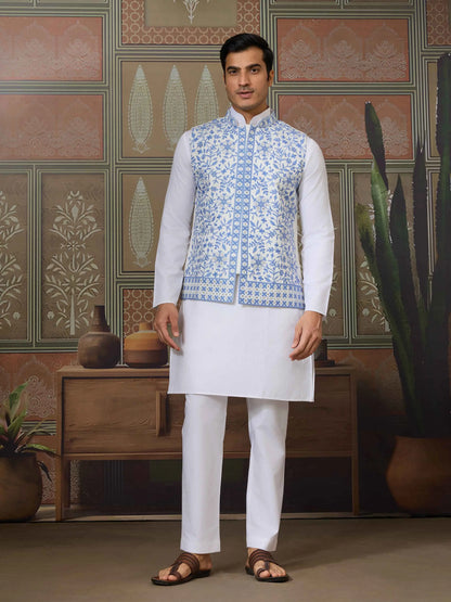 Blue Silk Kurta Set With Embroidery & Mirror Work Koti
