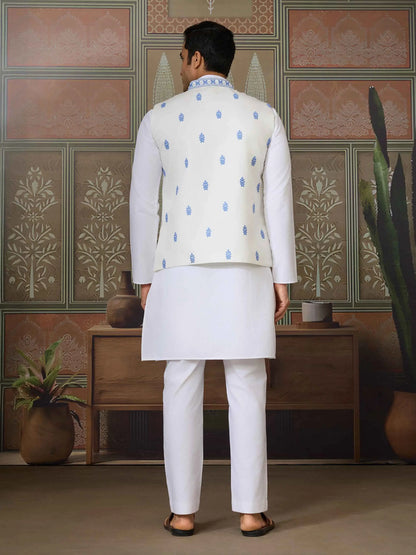Blue Silk Kurta Set With Embroidery & Mirror Work Koti