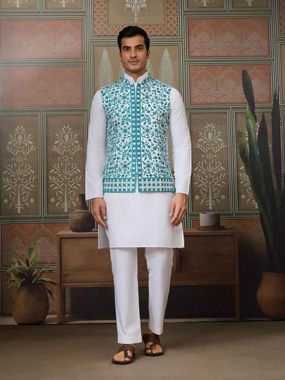 Teal Blue Silk Kurta Set With Embroidery & Mirror Koti
