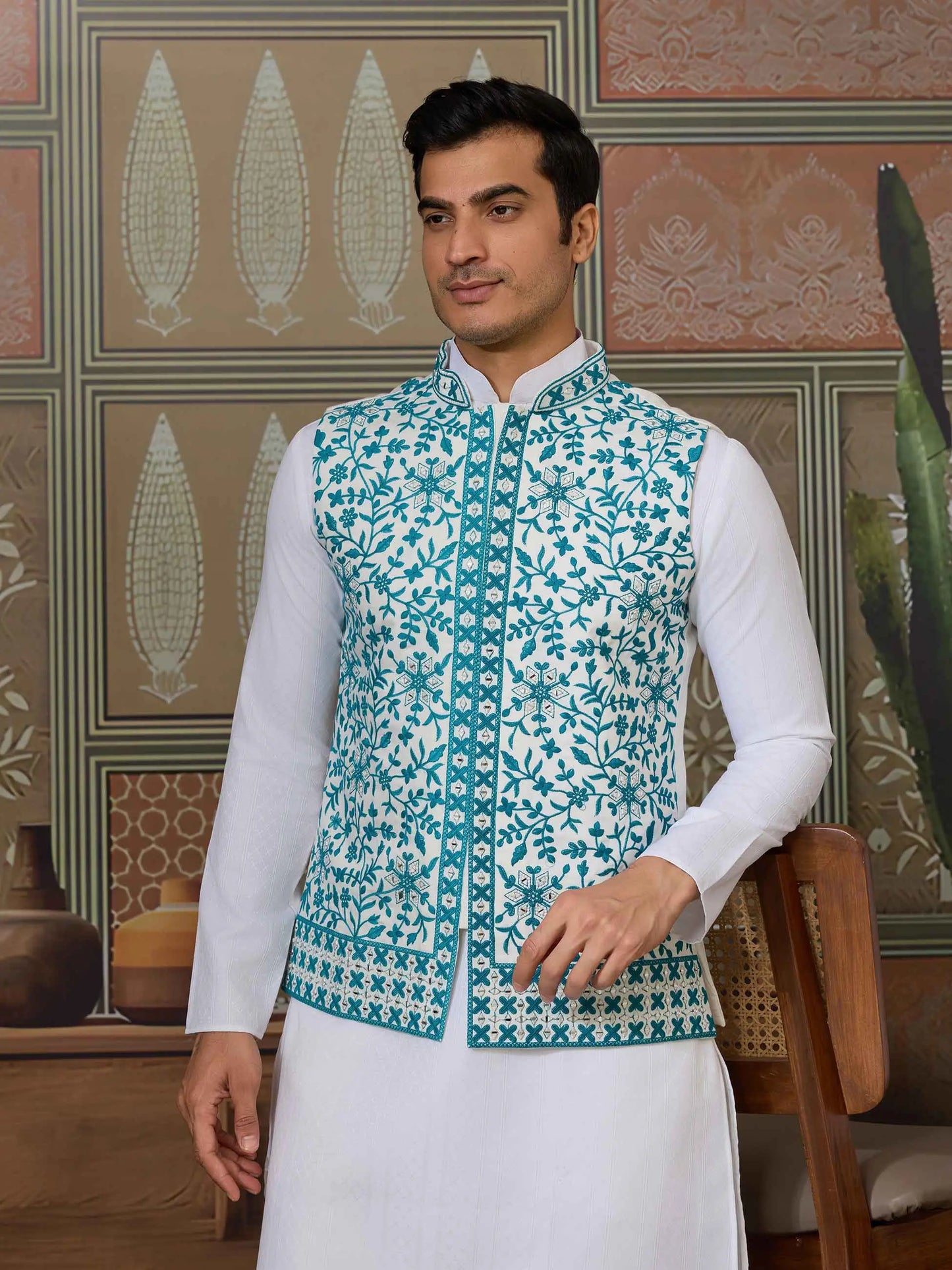 Teal Blue Silk Kurta Set With Embroidery & Mirror Koti