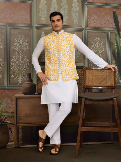 Yellow Silk Kurta Set With Embroidery & Mirror Work Koti