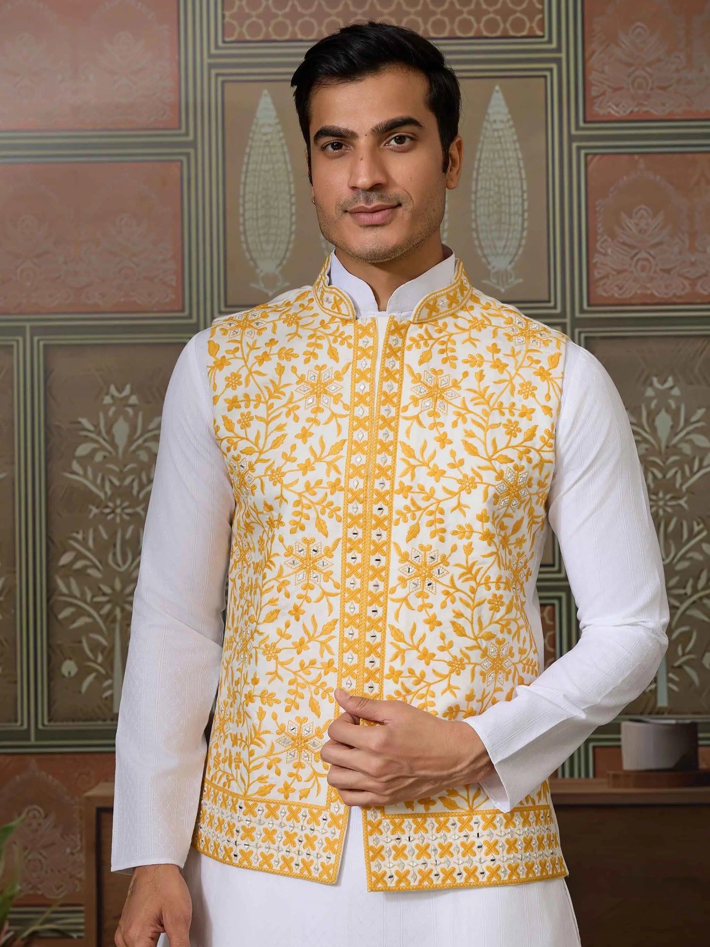 Yellow Silk Kurta Set With Embroidery & Mirror Work Koti