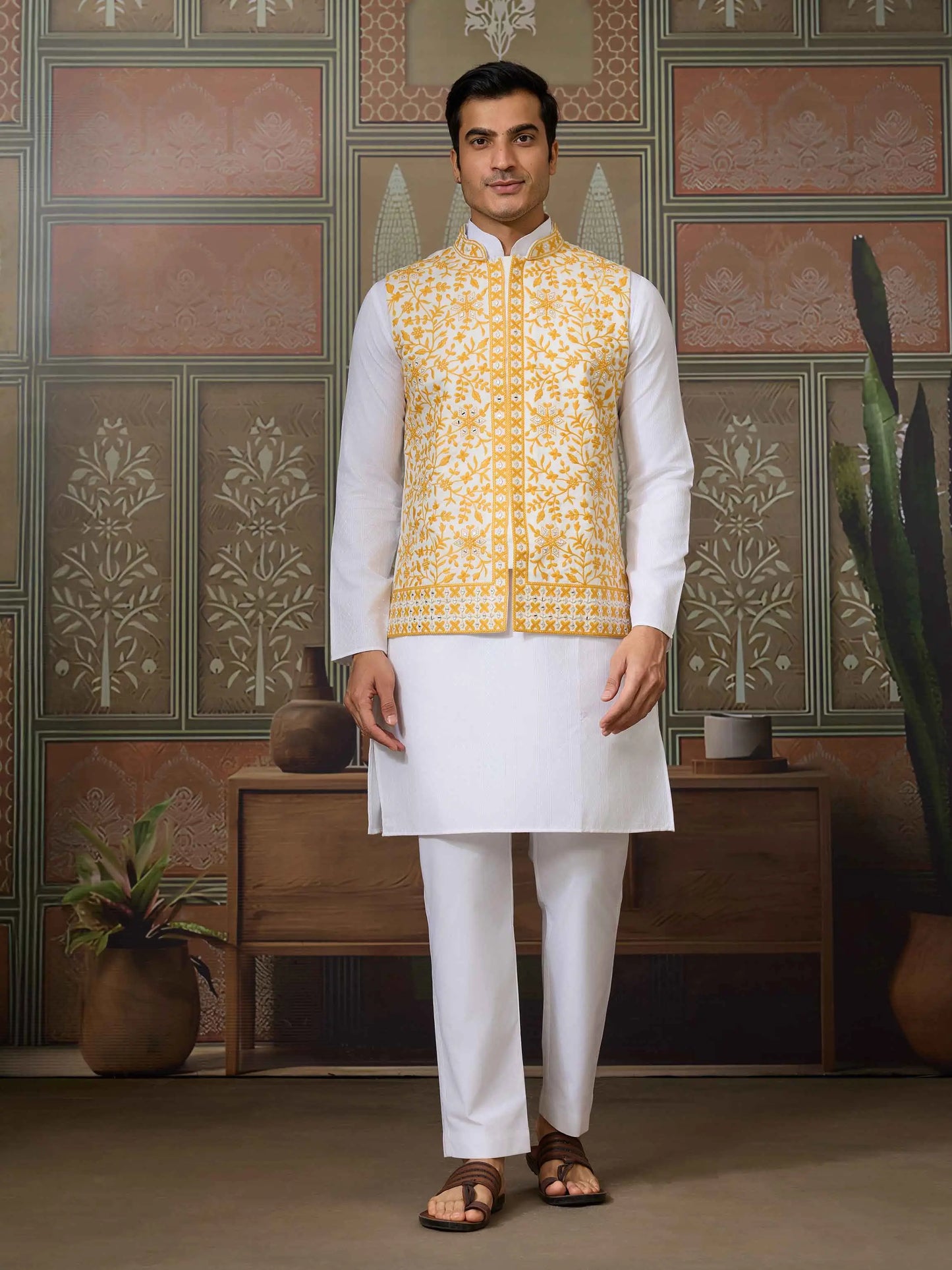Yellow Silk Kurta Set With Embroidery & Mirror Work Koti