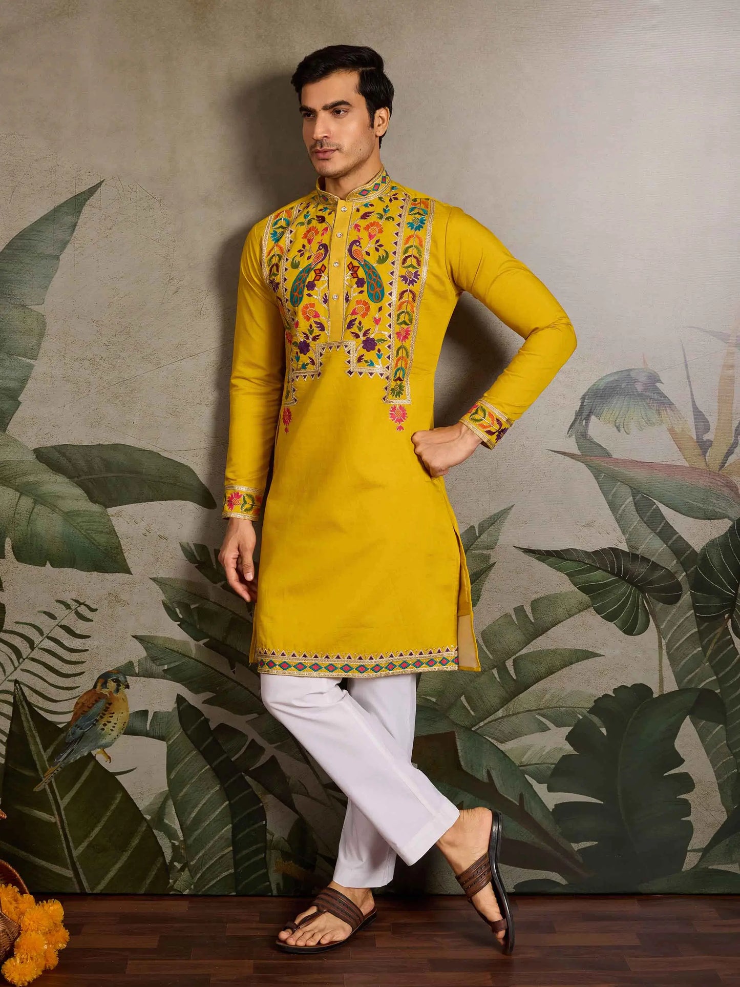 Yellow Multi Thread And Sequins Embroidery Work Festive Wear Kurta Set
