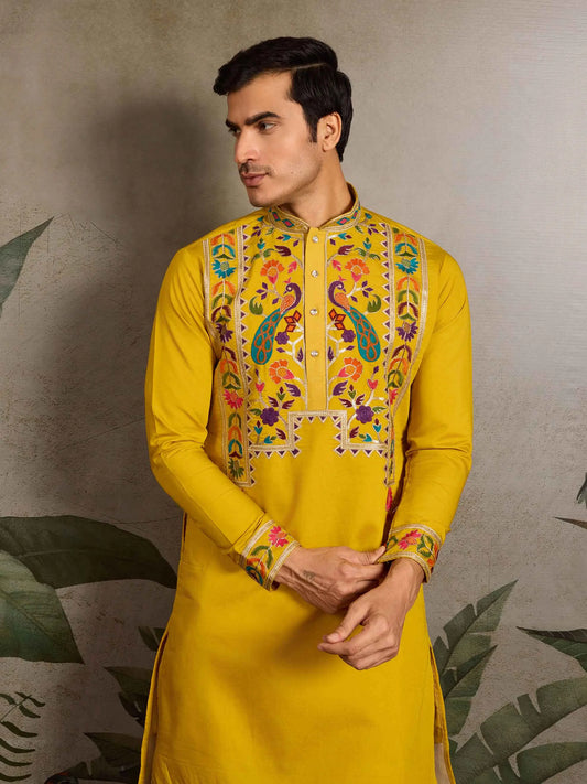 Yellow Multi Thread And Sequins Embroidery Work Festive Wear Kurta Set