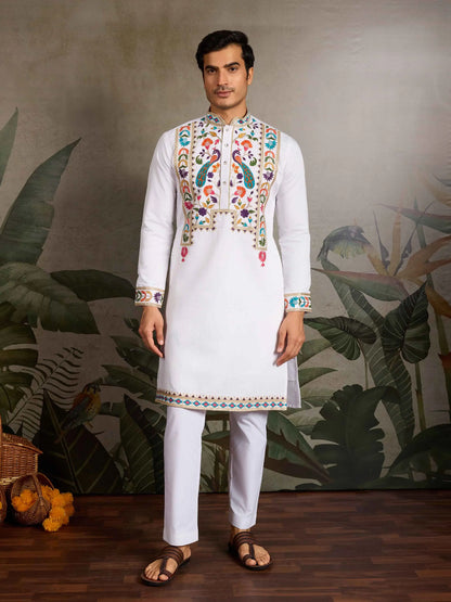 White Multi Thread And Sequins Embroidery Work Festive Wear Kurta Set
