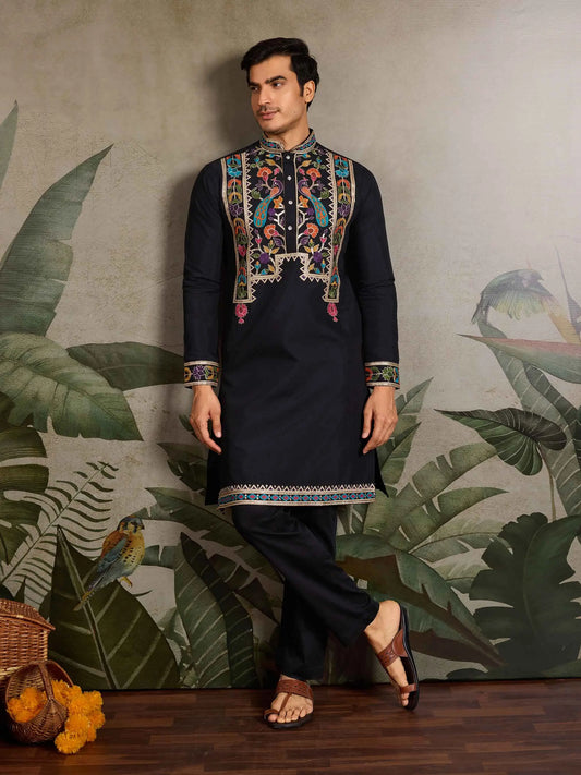 Black Multi Thread And Sequins Embroidery Work Festive Wear Kurta Set