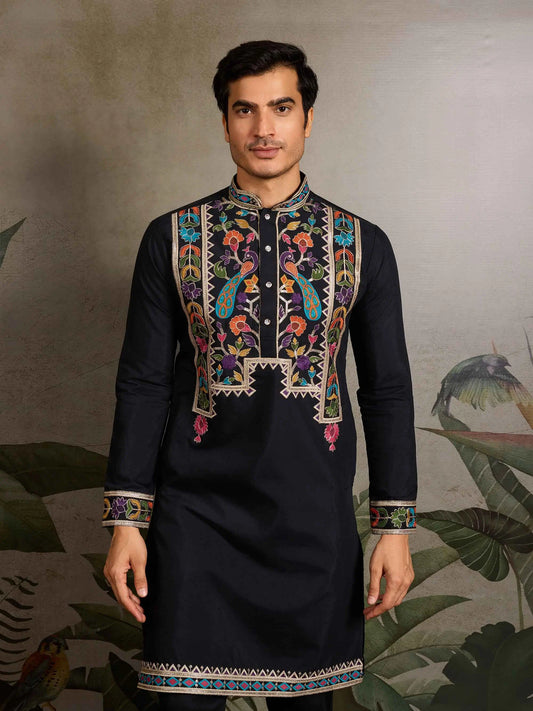 Black Multi Thread And Sequins Embroidery Work Festive Wear Kurta Set