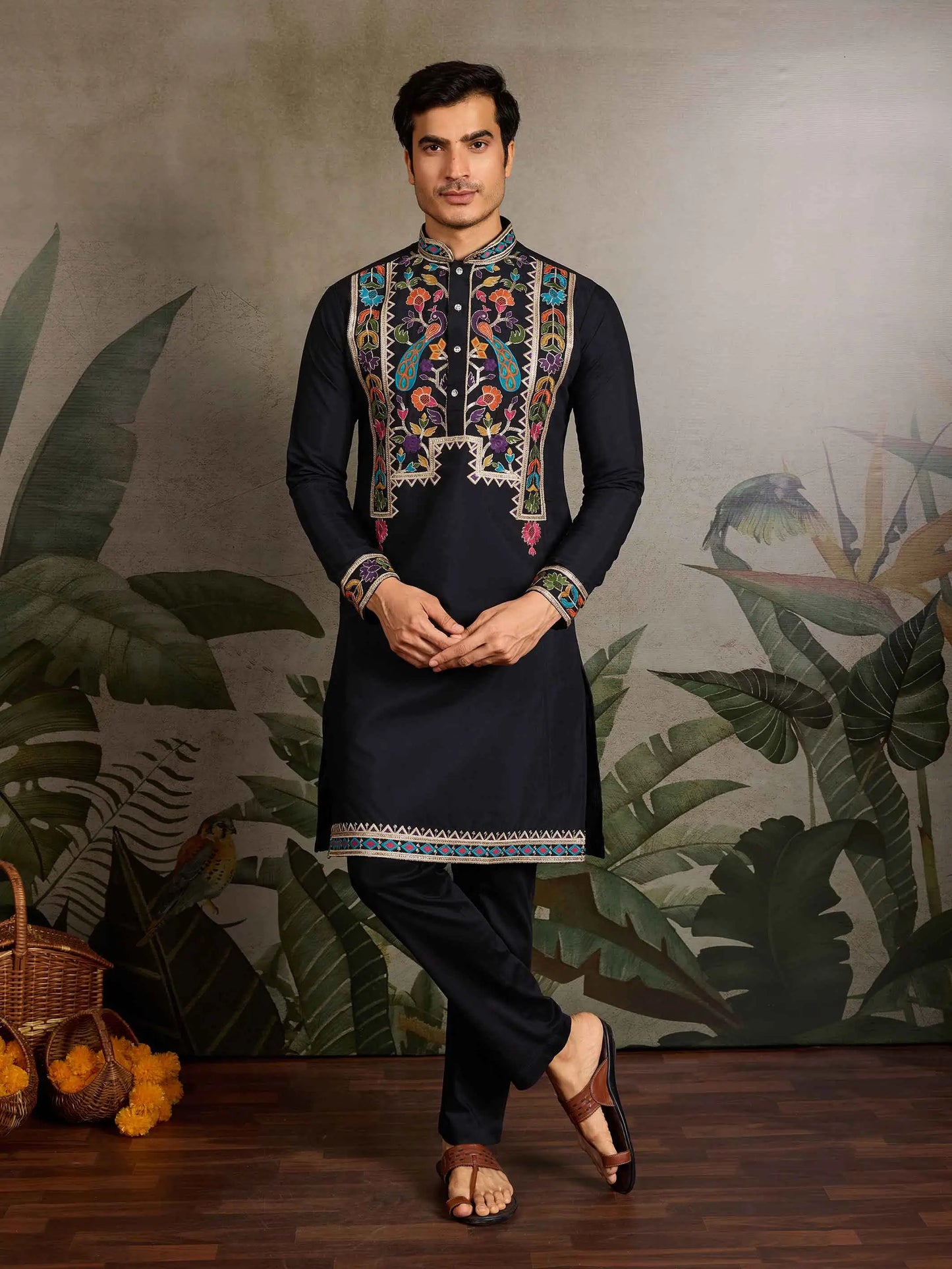 Black Multi Thread And Sequins Embroidery Work Festive Wear Kurta Set