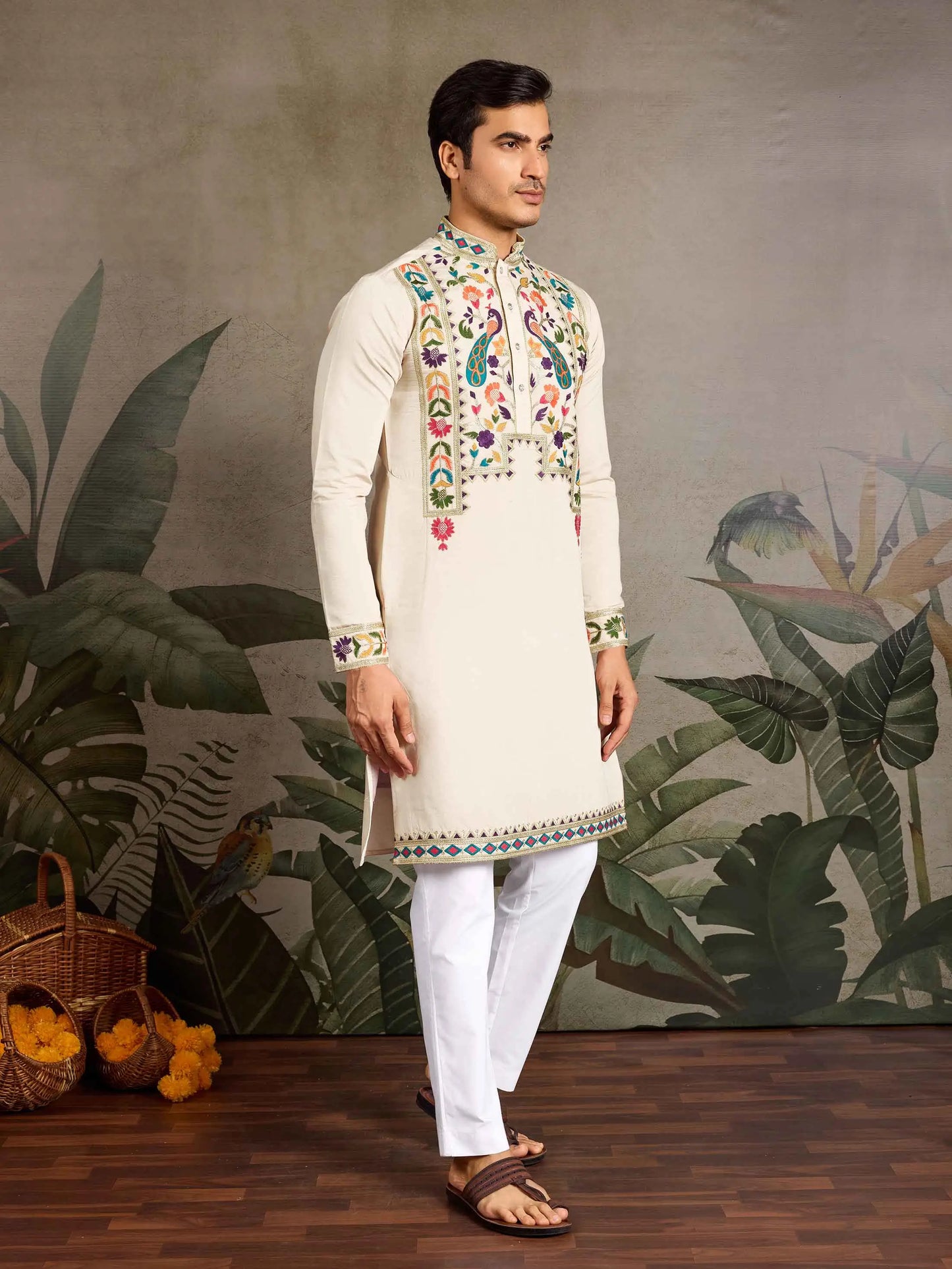 Beige Multi Thread And Sequins Embroidery Work Festive Wear Kurta Set