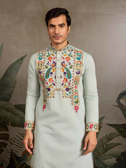 Light Pista Multi Thread Sequins Embroidery Work Festive Wear Kurta Set