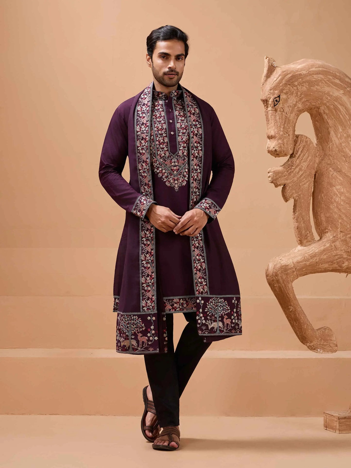 Wine Berry Embroidery Kurta With Dupatta