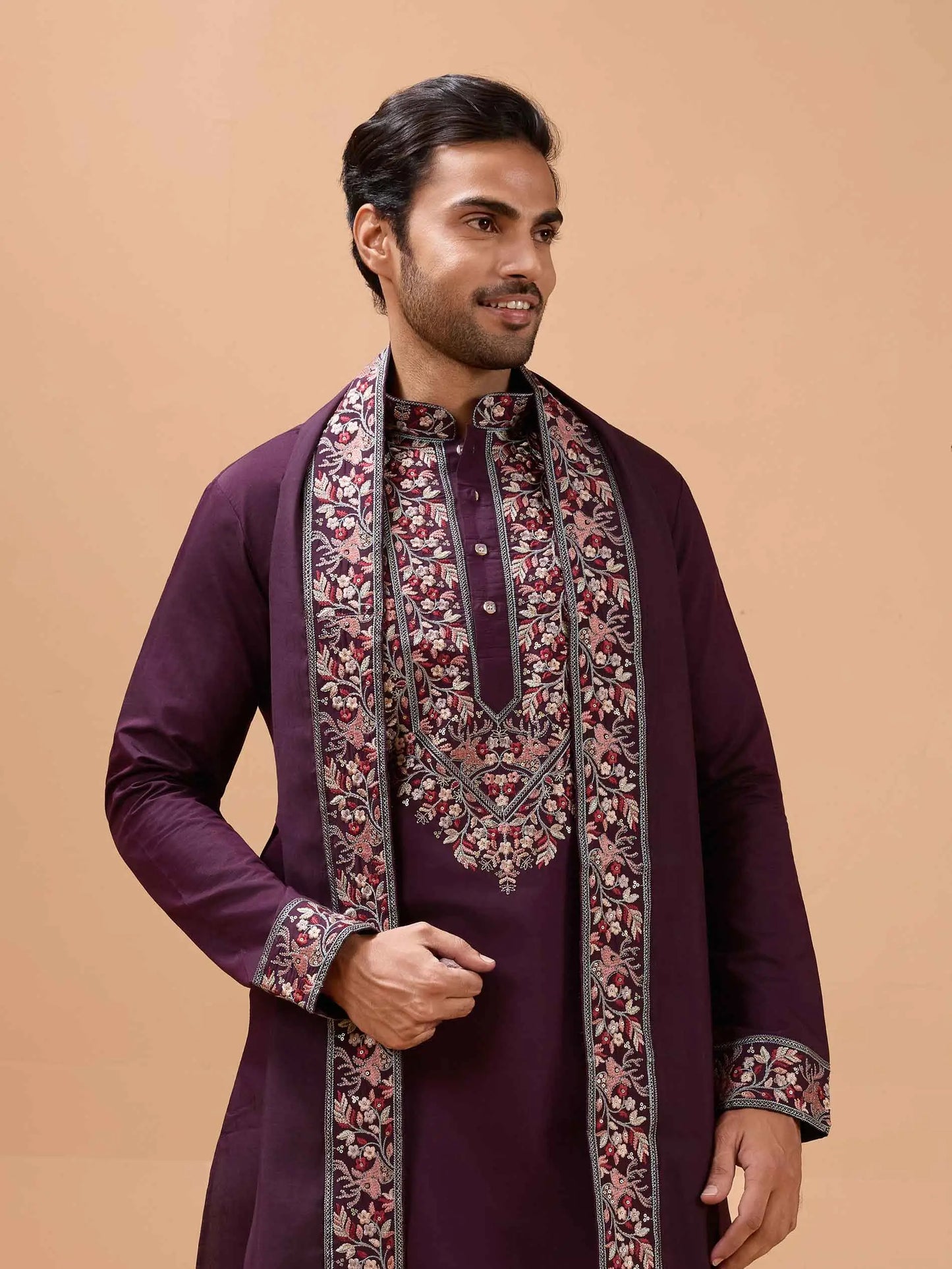 Wine Berry Embroidery Kurta With Dupatta