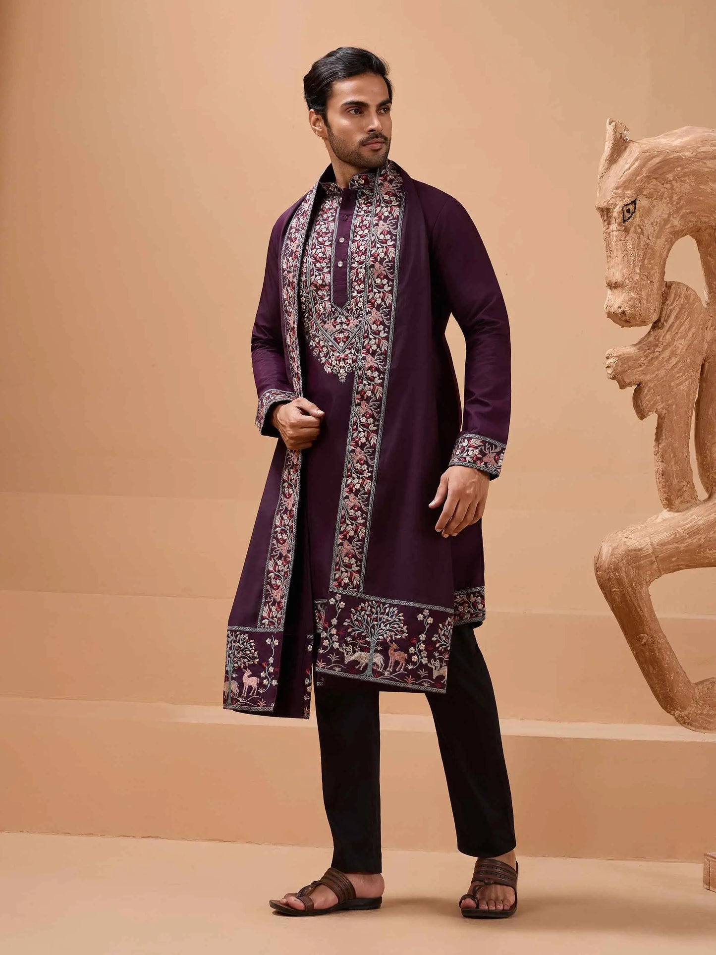Wine Berry Embroidery Kurta With Dupatta