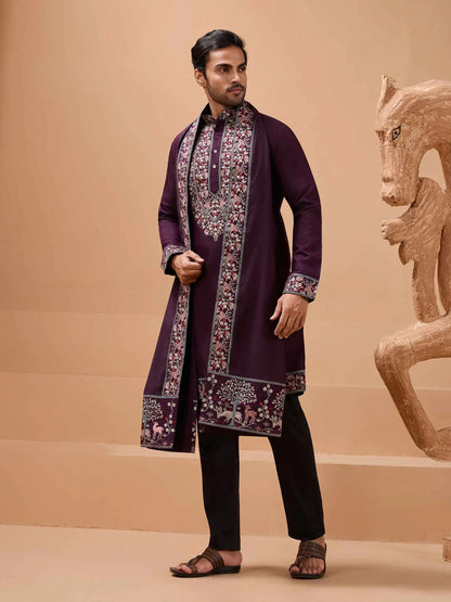 Wine Berry Embroidery Kurta With Dupatta