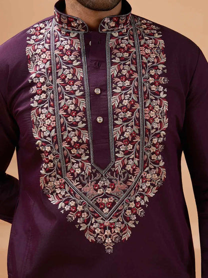 Wine Berry Embroidery Kurta With Dupatta