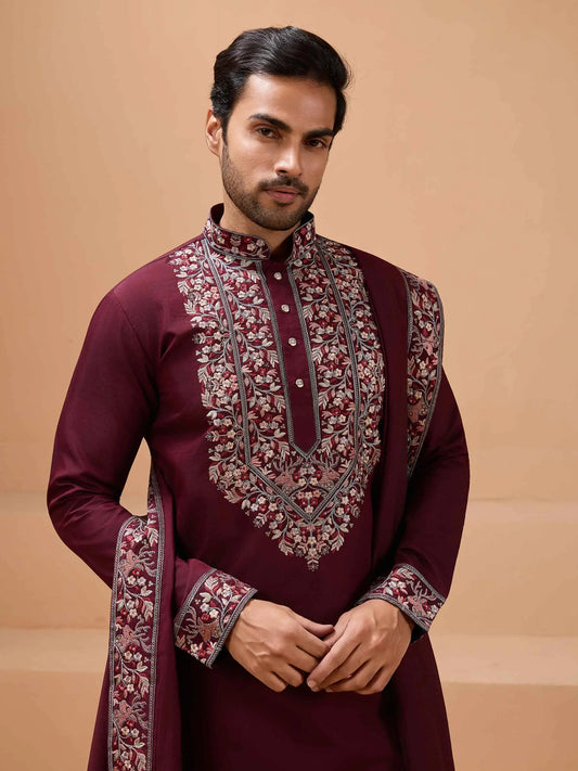 Maroon Embroidery Work Kurta With Dupatta