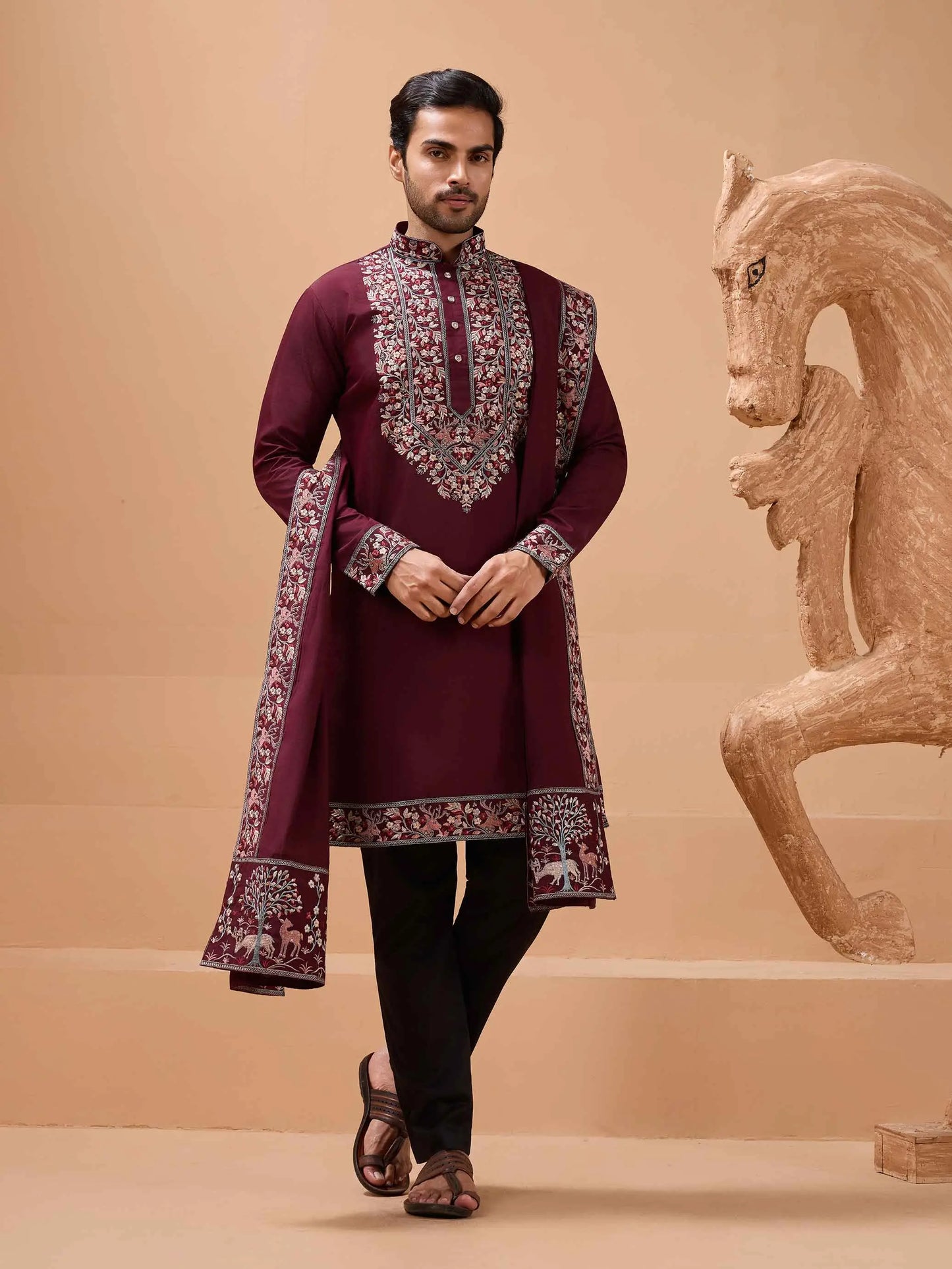 Maroon Embroidery Work Kurta With Dupatta