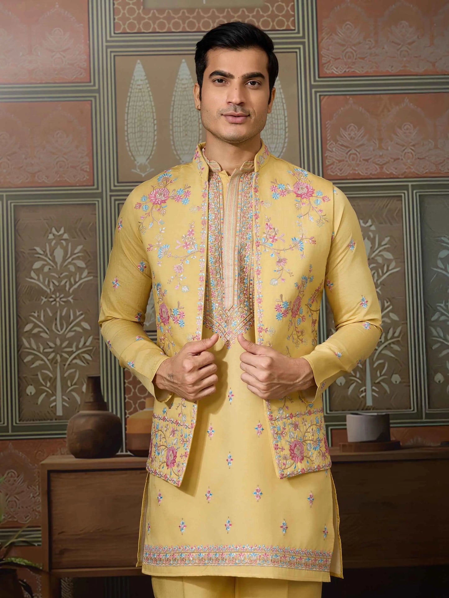 Yellow Multi Thread Sequins Embroidery Work Wedding Wear Kurta And Jacket