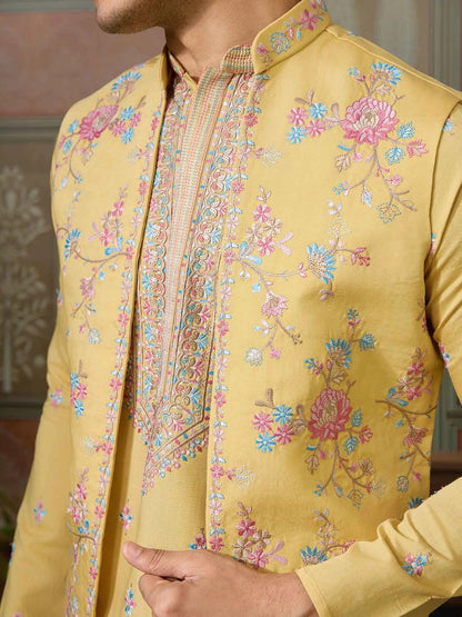 Yellow Multi Thread Sequins Embroidery Work Wedding Wear Kurta And Jacket