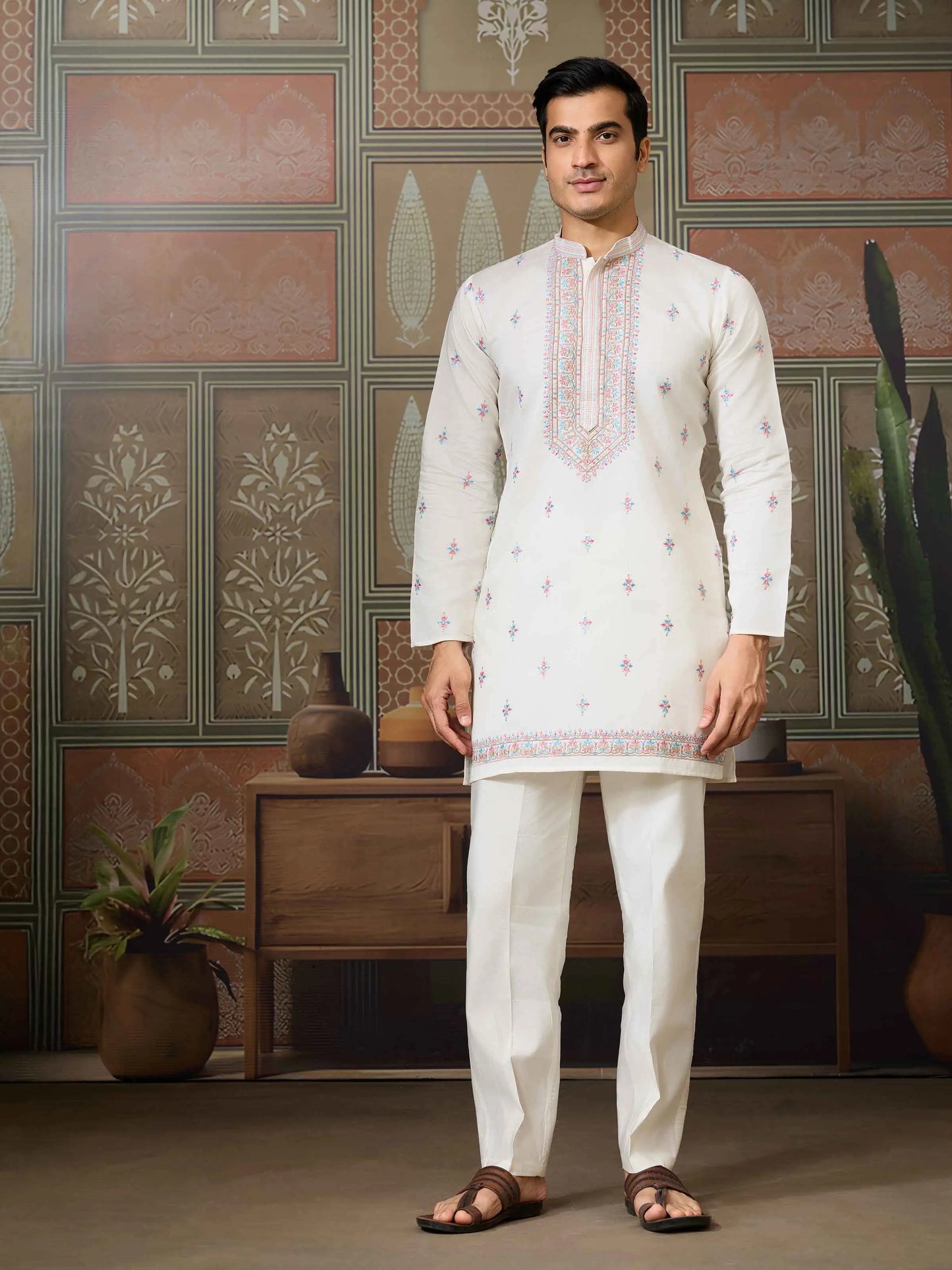 White Multi Thread Sequins Embroidery Work Wedding Wear Kurta And Jacket