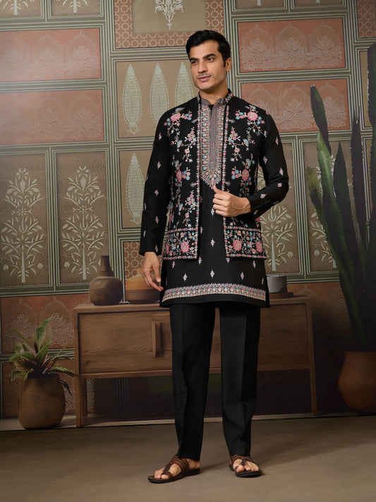 Black Multi Thread Sequins Embroidery Work Wedding Wear Kurta And Jacket