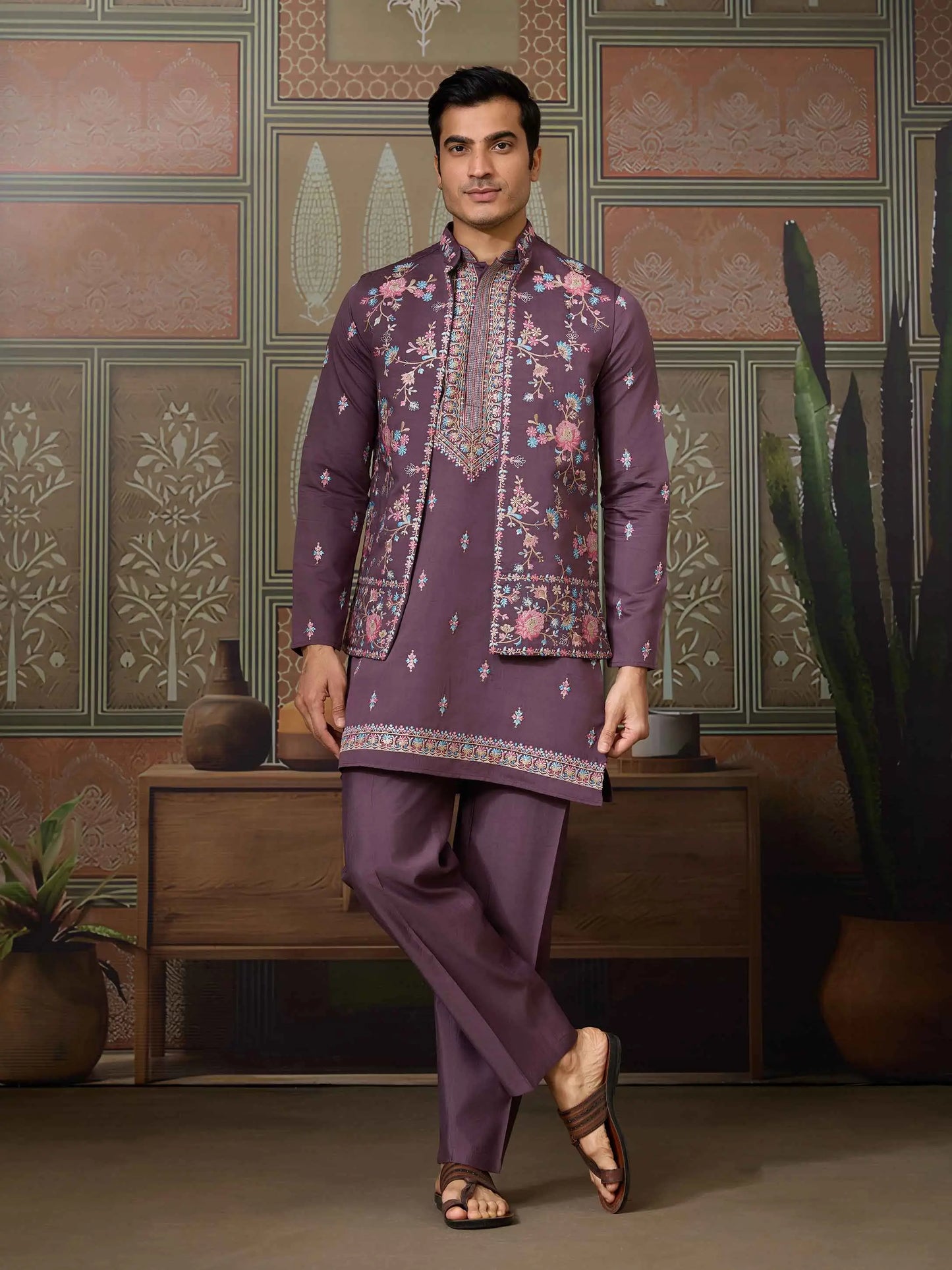 Dirty Purple Multi Thread Sequins Embroidery Work Wedding Wear Kurta And Jacket